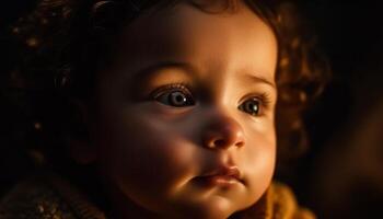 linda bebé niña con Rizado marrón pelo mirando arriba a cámara generado por ai foto