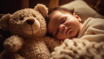 Sleeping baby boy with teddy bear in a comfortable blanket generated by AI photo