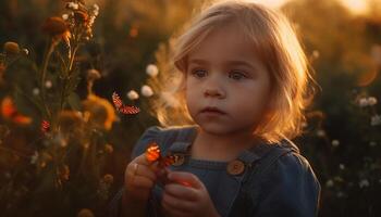 linda caucásico niña sonriente, jugando en naturaleza a puesta de sol generado por ai foto