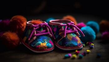 Multi colored wool baby booties, cute decoration for newborn celebration generated by AI photo