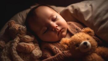 sereno bebé chico dormido con osito de peluche oso en cómodo cobija generado por ai foto