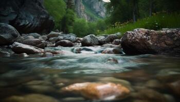 Tranquil scene of flowing water in the wilderness, surrounded by green generated by AI photo
