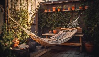 Hammock hanging from rustic tree in tranquil autumn nautical scene generated by AI photo