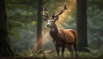 Horned stag grazes in tranquil meadow, surrounded by nature beauty generated by AI photo