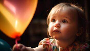 Cute baby girl playing with balloons at birthday party indoors generated by AI photo