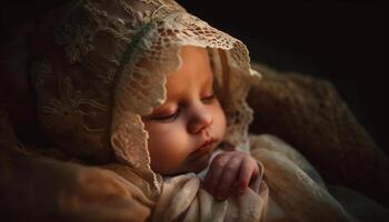 Cute newborn boy sleeping peacefully wrapped in cozy blanket outdoors generated by AI photo