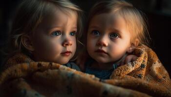 sonriente bebé chico y niña abrazando, inocencia y felicidad abundar generado por ai foto