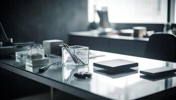 Modern office desk with computer equipment and empty chair indoors generated by AI photo