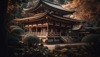 Ancient pagoda, built structure, decorated with lanterns, symbolizes Buddhism generated by AI photo