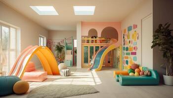 Playful child enjoys vibrant playroom with colorful toys and decor generated by AI photo