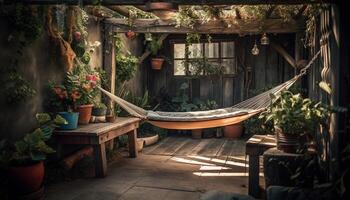 Rustic cottage with comfortable hammock hanging in tranquil domestic room generated by AI photo