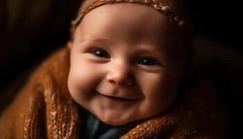 Cute smiling child portrait radiates happiness and innocence, looking at camera generated by AI photo