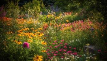 Vibrant wildflowers bloom in tranquil meadow, surrounded by lush greenery generated by AI photo