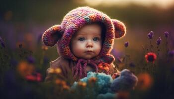 Smiling baby girl enjoys playful autumn day in nature beauty generated by AI photo