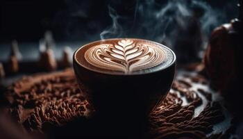 Freshly brewed coffee in a frothy, gourmet latte art design generated by AI photo