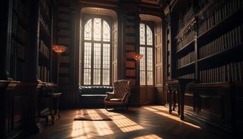 Antique library with old fashioned decor, comfortable chair, and illuminated bookshelf generated by AI photo