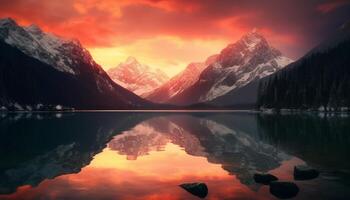 Majestic mountain range reflects tranquil sunset over serene water generated by AI photo