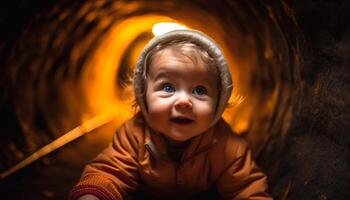 linda bebé niña sentado al aire libre, sonriente a cámara en otoño bosque generado por ai foto