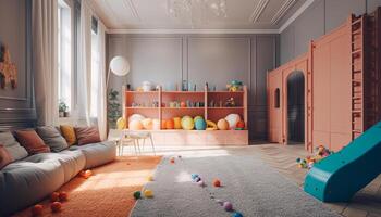 Modern, comfortable apartment with vibrant colors and playful toy decoration generated by AI photo