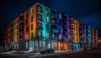 Glowing city skyline with modern architecture and colorful light trails generated by AI photo