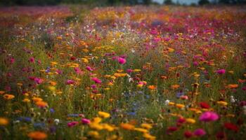 Vibrant wildflowers blossom in tranquil meadow at dusk, nature beauty generated by AI photo