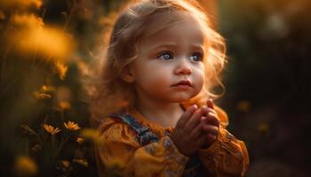 Smiling child enjoys playful autumn day in rural forest meadow generated by AI photo