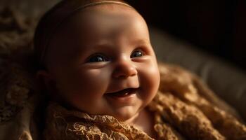 Cute baby boy smiling portrait, small child of Caucasian ethnicity generated by AI photo