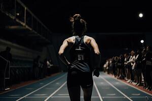 atlético mujer corriendo en un pista y campo a noche, un corredor corriendo en un competitivo carrera, ai generado foto