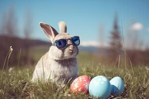 Easter bunny with colorful eggs on green grass and blue sky background. . photo