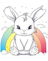 Cute bunny illustration with beautiful rainbows on a white background. Bunny cub sitting with clouds and rainbows on a white background. Cute bunny cub design for kids and adults. . photo