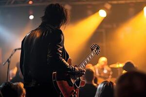 guitarrista en frente de el multitud a un En Vivo concierto. un guitarrista lleno posterior ver jugando el guitarra, ai generado foto