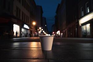 Coffee cup in the city at night. 3d rendering, A coffee cup is on the table in front of an illuminated street light, photo