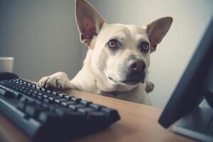 Cute dog working on computer at home in the living room. photo