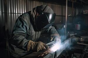 industrial trabajador con protector máscara soldadura metal en fábrica. metalistería fabricación y construcción concepto. un trabajador vistiendo un soldadura casco soldadura un metal pedazo, ai generado foto