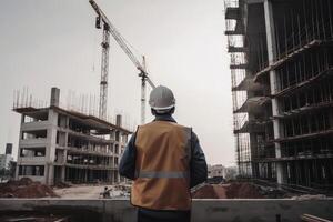 ingeniero o arquitecto vistiendo la seguridad casco y reflexivo chaleco a construcción sitio, un civil arquitecto ingeniero inspeccionando un arquitectura, ai generado foto