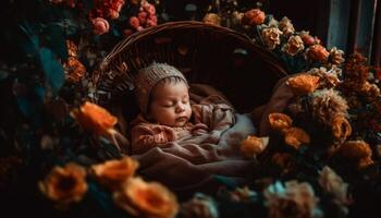 Sleeping newborn boy, peaceful and cute, wrapped in soft blanket generated by AI photo