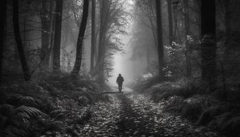 uno persona excursionismo en brumoso bosque, un misterioso aventuras generado por ai foto