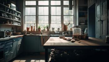 Rustic kitchen with modern appliances and old fashioned coffee maker generated by AI photo