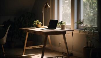 Modern office design with laptop on wooden desk near window generated by AI photo