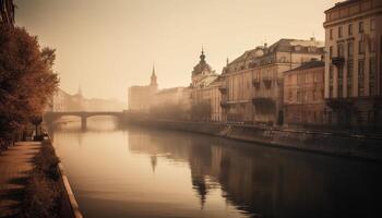 Cityscape illuminated at dusk, famous landmarks reflect in water below generated by AI photo