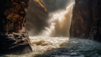 Flowing water splashes on rocks in majestic mountain ravine generated by AI photo