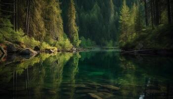 Tranquil scene of a mountain peak reflected in a pond generated by AI photo