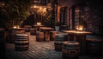 Rustic winery illuminates old fashioned barrel stack with shiny wine bottles generated by AI photo