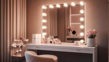 moderno lujo Departamento con elegante diseño, cómodo silla, y iluminado lámpara generado por ai foto