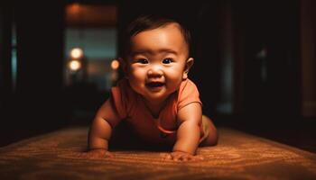 Smiling baby boy lying down, looking at camera, playful joy generated by AI photo