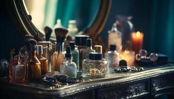 Luxury beauty collection on elegant table in dark bathroom generated by AI photo