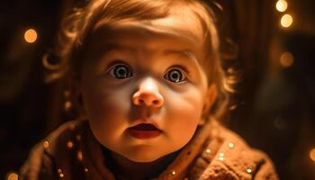 Smiling baby boy illuminated by winter night, looking at camera generated by AI photo