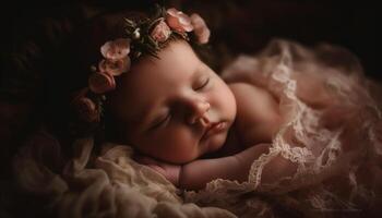 recién nacido bebé chico y niña dormido pacíficamente envuelto en blandura generado por ai foto