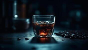 whisky vaso en oscuro mesa, hielo y líquido refresco generado por ai foto