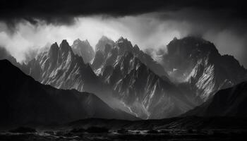 majestuoso montaña rango silueta en contra dramático oscuro cielo en monocromo generado por ai foto